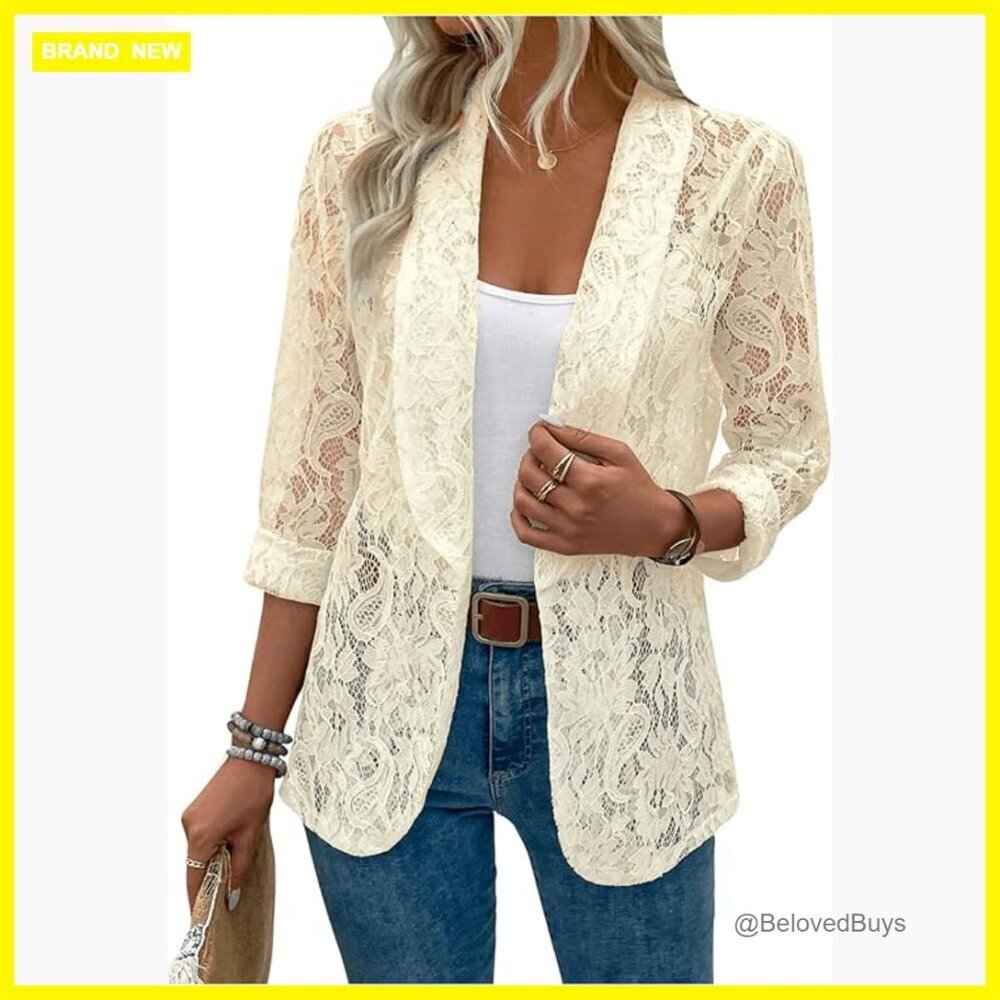 Long Sleeve Lace Blazer Jacket Sheer Open Front Shawl Collar